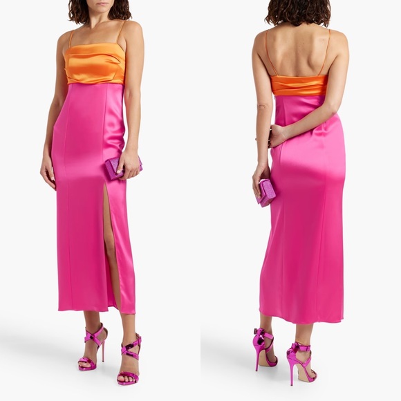 NEW NWT Alice + Olivia Lilita Two Tone Satin Midi Dress In Tangerine/Candy Pink - Picture 1 of 11